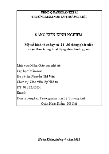 SKKN Một số hình thức dạy trẻ 24-36 tháng phát triển nhận thức trong hoạt động nhận biết tập nói ở Trường Mầm non Lý Thường Kiệt