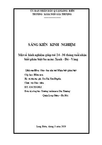 SKKN Một số kinh nghiệm giúp trẻ 24-36 tháng tuổi nhận biết phân biệt ba màu Xanh - Đỏ - Vàng tại Trường Mầm non Gia Thượng