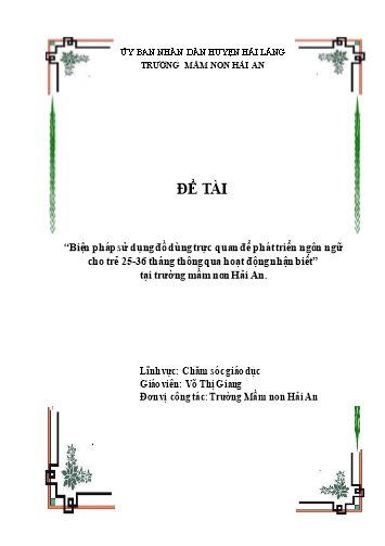 SKKN Biện pháp sử dụng đồ dùng trực quan để phát triển ngôn ngữ cho trẻ 25-36 tháng thông qua hoạt động nhận biết tại Trường Mầm non Hải An